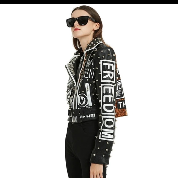 LORDLDS Women Black Leopard Leather Jacket Zip Up Moto Biker Fashion Streetwear - Picture 6 of 11